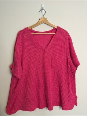 SHEIN Hot Pink V-Neck Waffle Knit Sweater